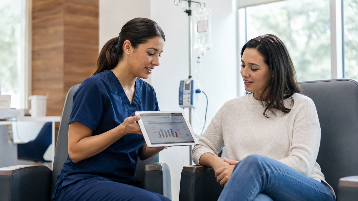 Clinician reviewing a patient's ferritin and iron panel results before an iron IV infusion at a Drip Gym New York clinic