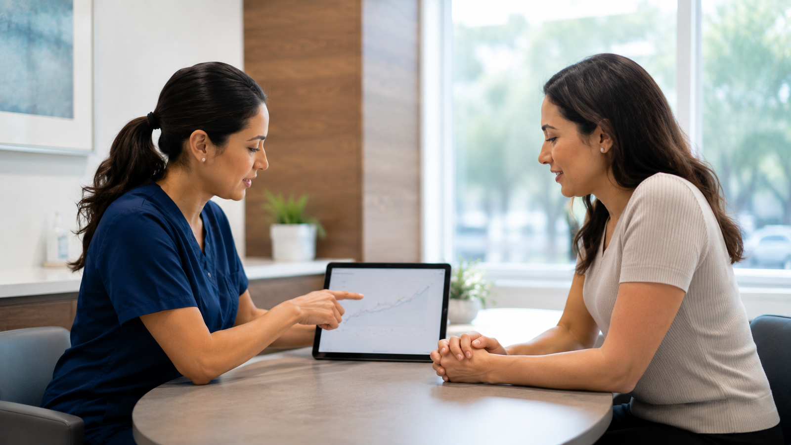 Clinician and returning patient reviewing ferritin trends before scheduling a repeat iron infusion