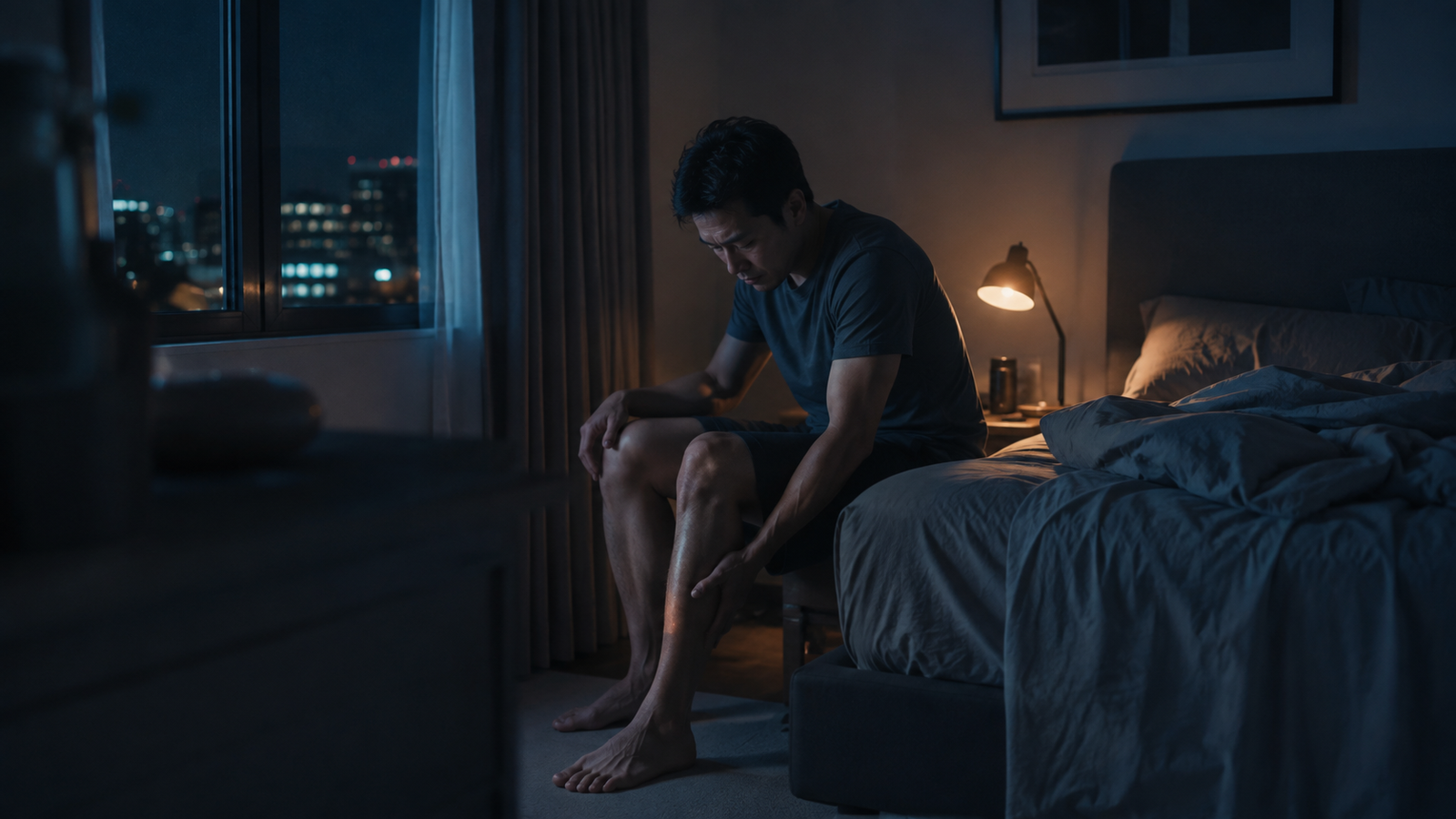 Adult sitting on the edge of the bed at night rubbing a calf, unable to keep still