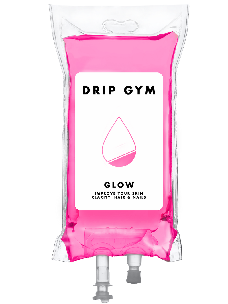 Glow glutathione IV drip bag illustration — skin‑brightening antioxidant therapy, DripGym NYC