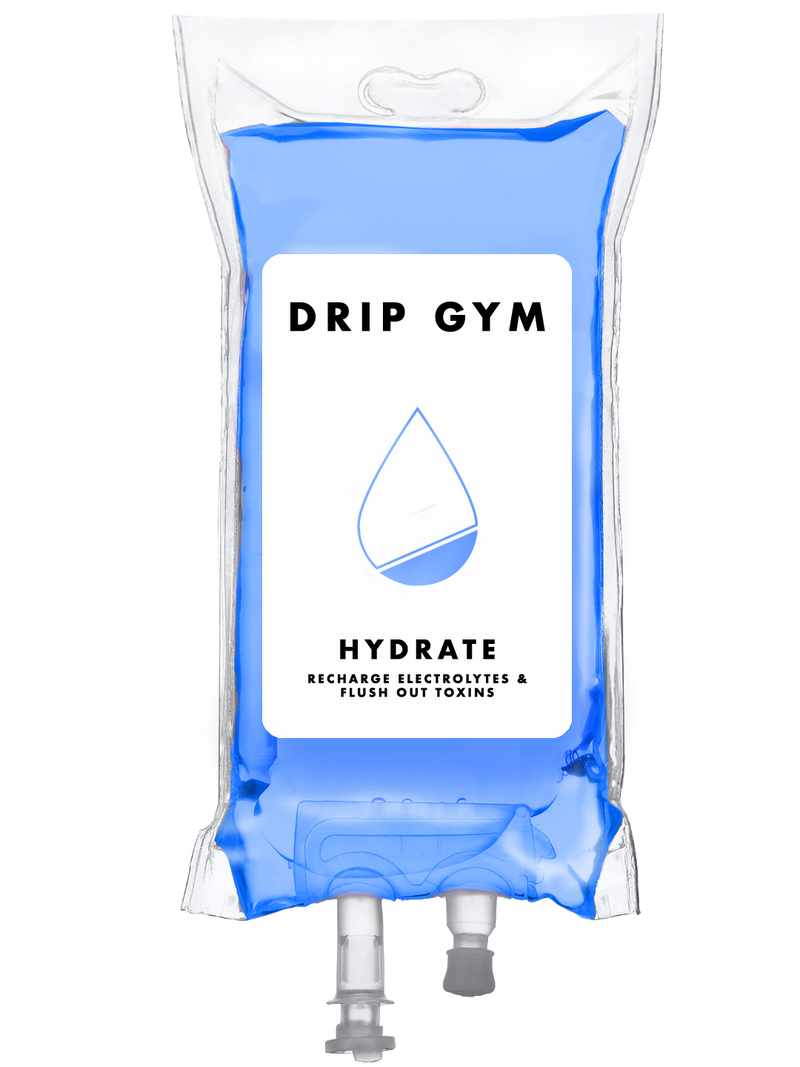 Hydrate IV drip bag illustration — saline and electrolyte hydration at DripGym NYC